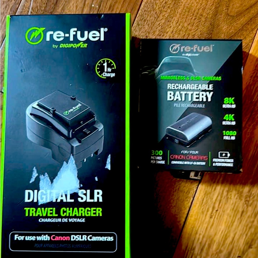 Rechargeable battery + travel charger for Canon cameras.